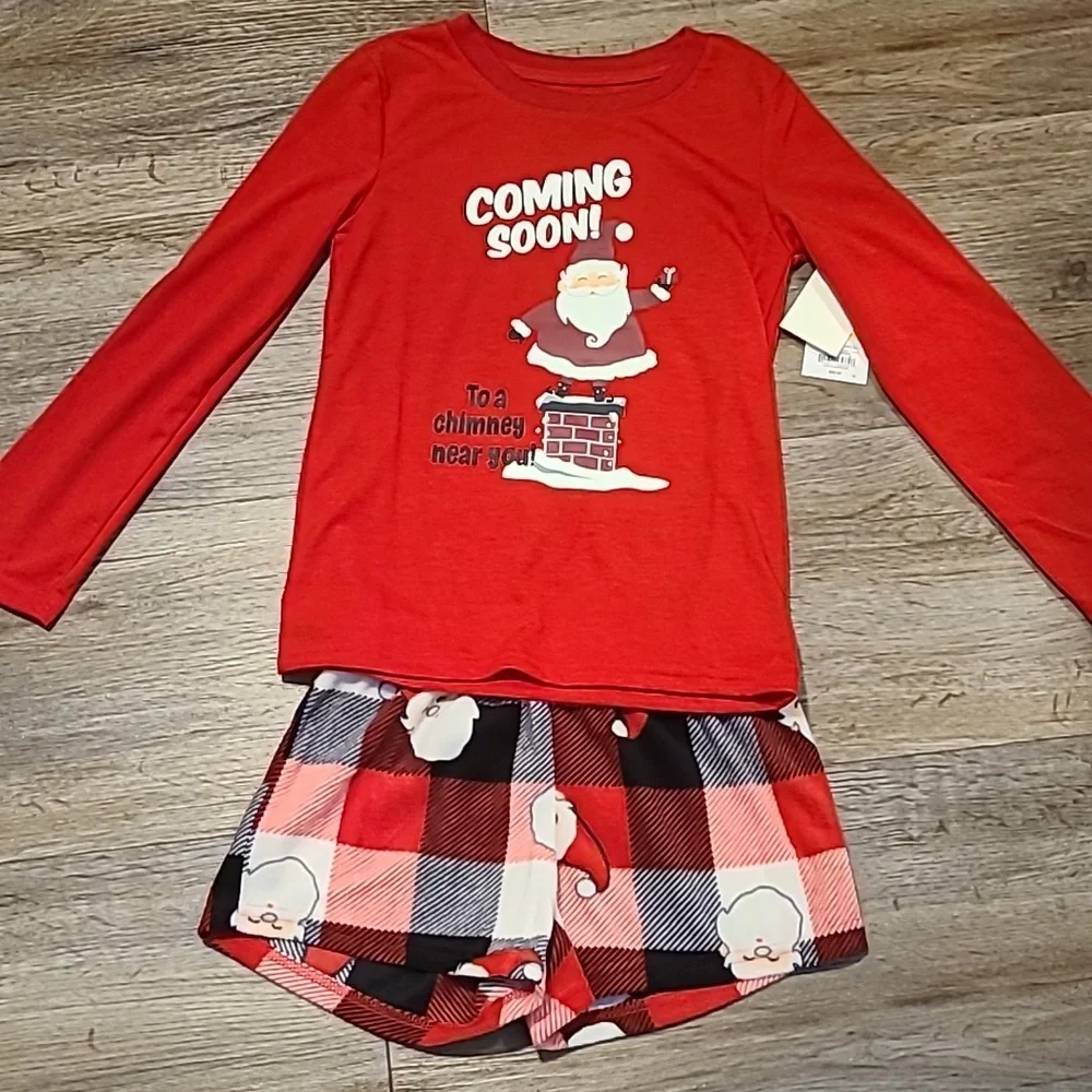 JAMMIES FOR FAMILIES GIRLS  LONG SLEEVE HOLIDAY PAJAMA TOP & SHORTS SIZE SMALL
